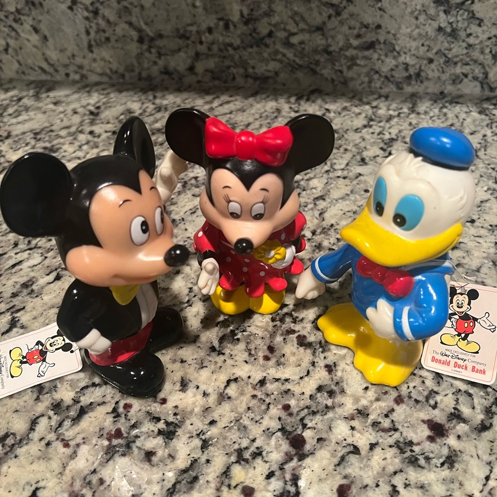Mickey Minnie and Donald Vtg claim banks 1980s trio bundle